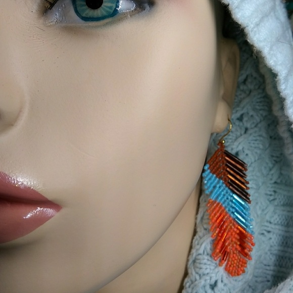 🔥SOLD🔥 at Comanche PowWow🔥Turquoise Brown Feather Earrings - Picture 7 of 8